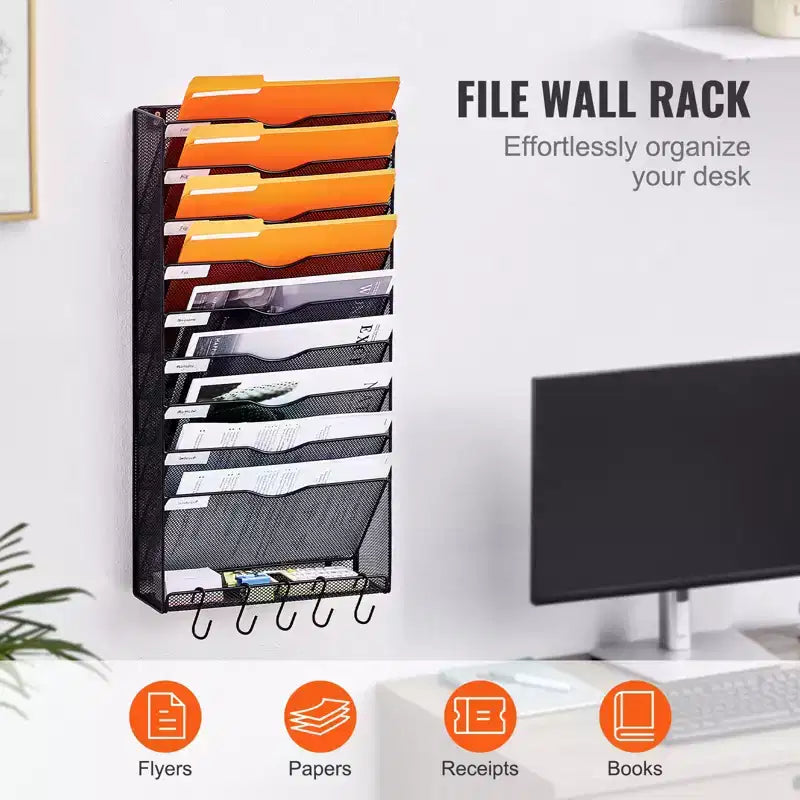 Organisateur mural porte-documents 10 compartiments en maille, métal, à fixer au mur, capacité 10 kg, 32,2 x 65 cm