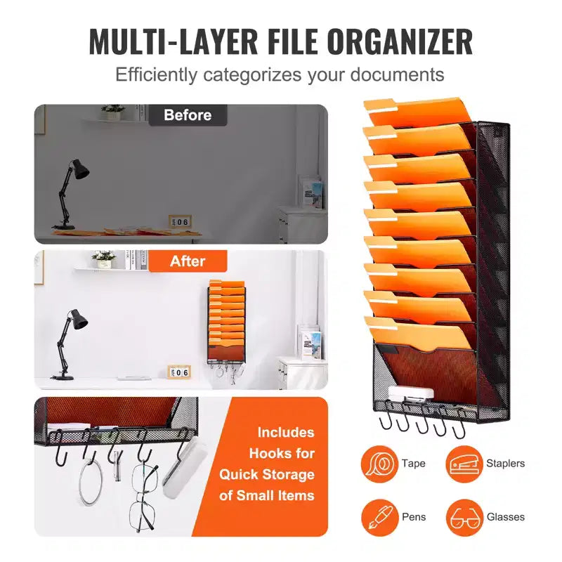 Organisateur mural porte-documents 10 compartiments en maille, métal, à fixer au mur, capacité 10 kg, 32,2 x 65 cm