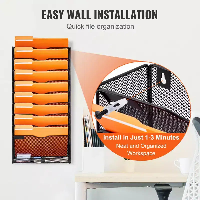 Organisateur mural porte-documents 10 compartiments en maille, métal, à fixer au mur, capacité 10 kg, 32,2 x 65 cm