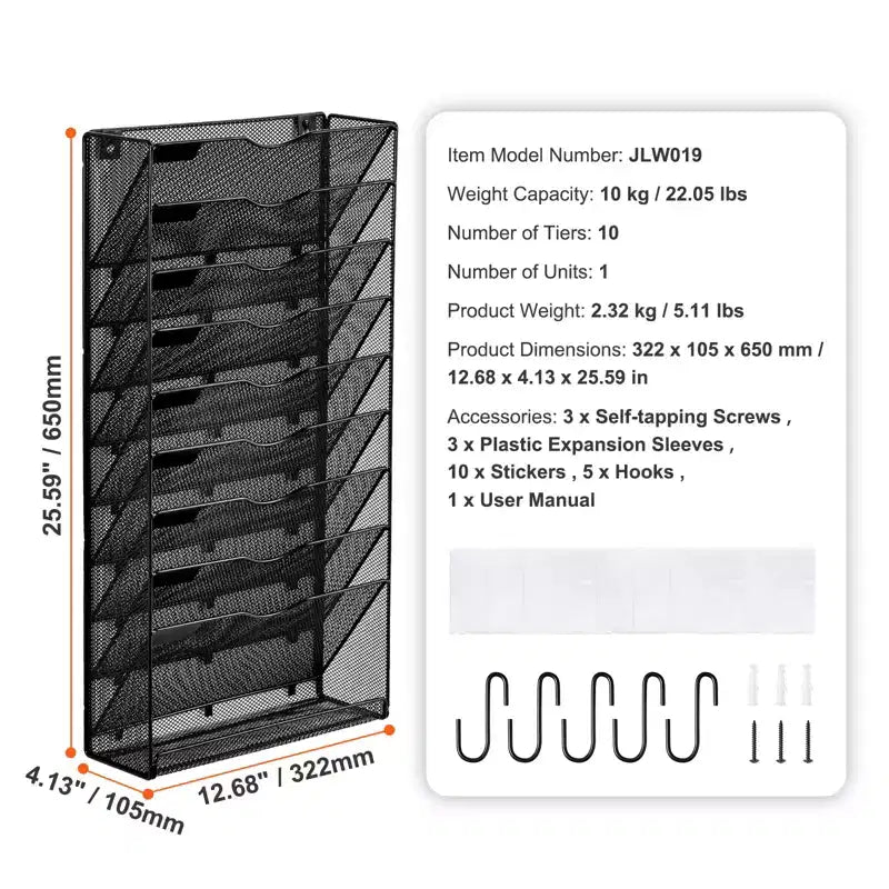 Organisateur mural porte-documents 10 compartiments en maille, métal, à fixer au mur, capacité 10 kg, 32,2 x 65 cm