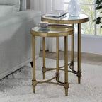 Ensemble de 2 tables basses gigognes rondes en laiton et miroir, cadre en laiton antique, 45,7 cm et 38,1 cm de large