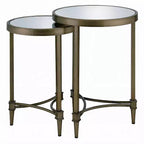 Ensemble de 2 tables basses gigognes rondes en laiton et miroir, cadre en laiton antique, 45,7 cm et 38,1 cm de large