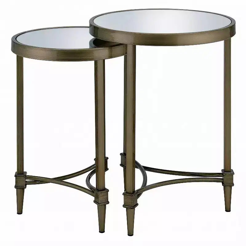 Ensemble de 2 tables basses gigognes rondes en laiton et miroir, cadre en laiton antique, 45,7 cm et 38,1 cm de large