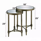 Ensemble de 2 tables basses gigognes rondes en laiton et miroir, cadre en laiton antique, 45,7 cm et 38,1 cm de large