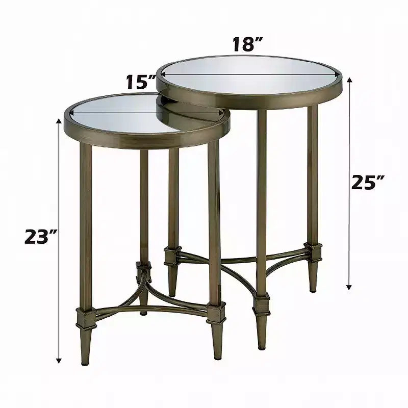 Ensemble de 2 tables basses gigognes rondes en laiton et miroir, cadre en laiton antique, 45,7 cm et 38,1 cm de large