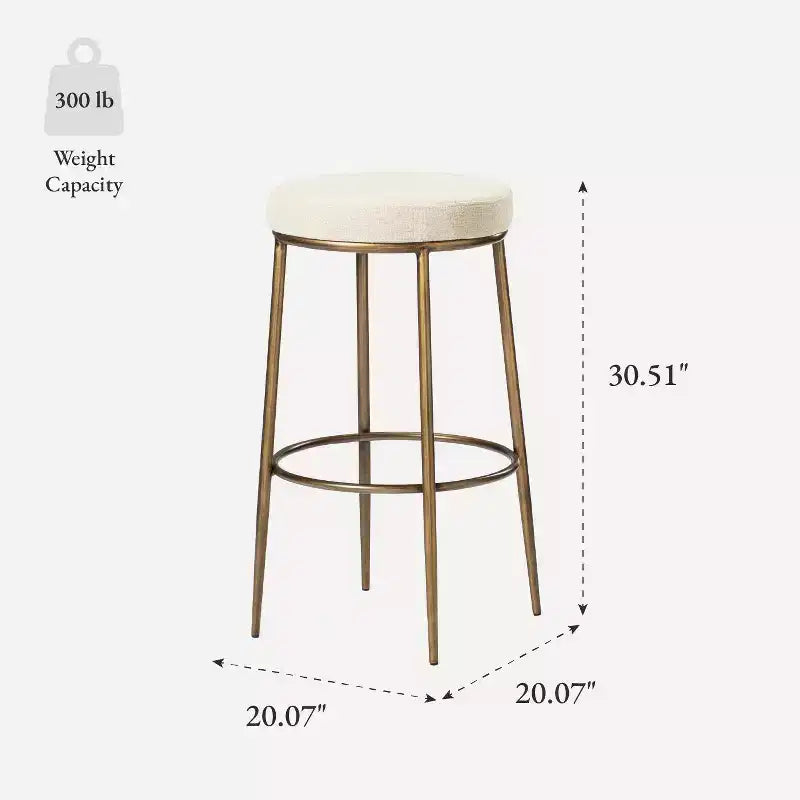 Tabouret de bar en métal sans dossier de 79 cm avec siège en tissu rembourré épais, structure finition main