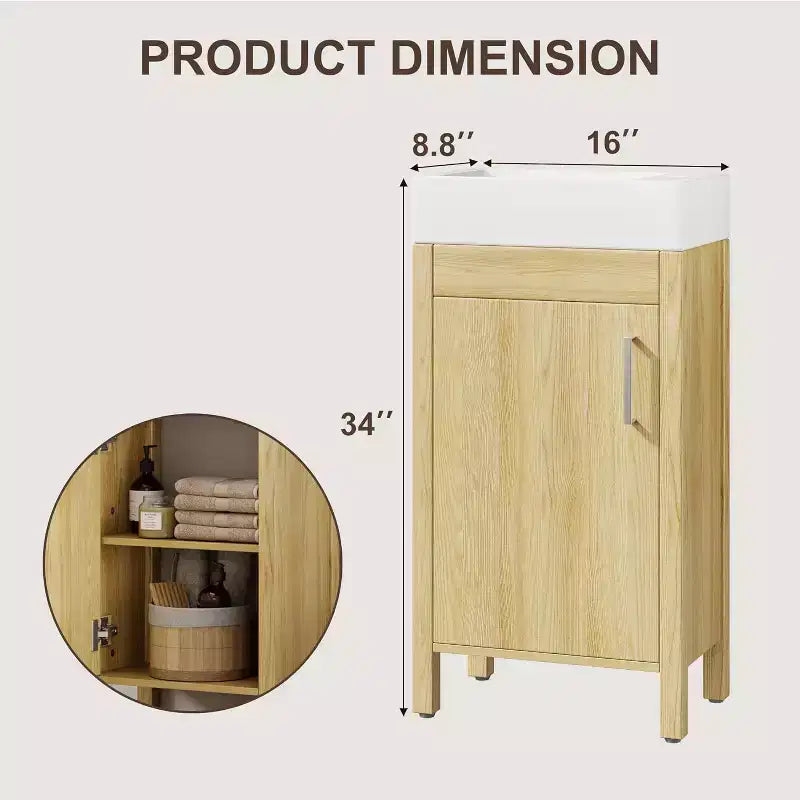 Meuble-lavabo 16 po avec lavabo et porte à fermeture amortie – Armoire de rangement compacte pour petite salle de bain ou salle d'eau