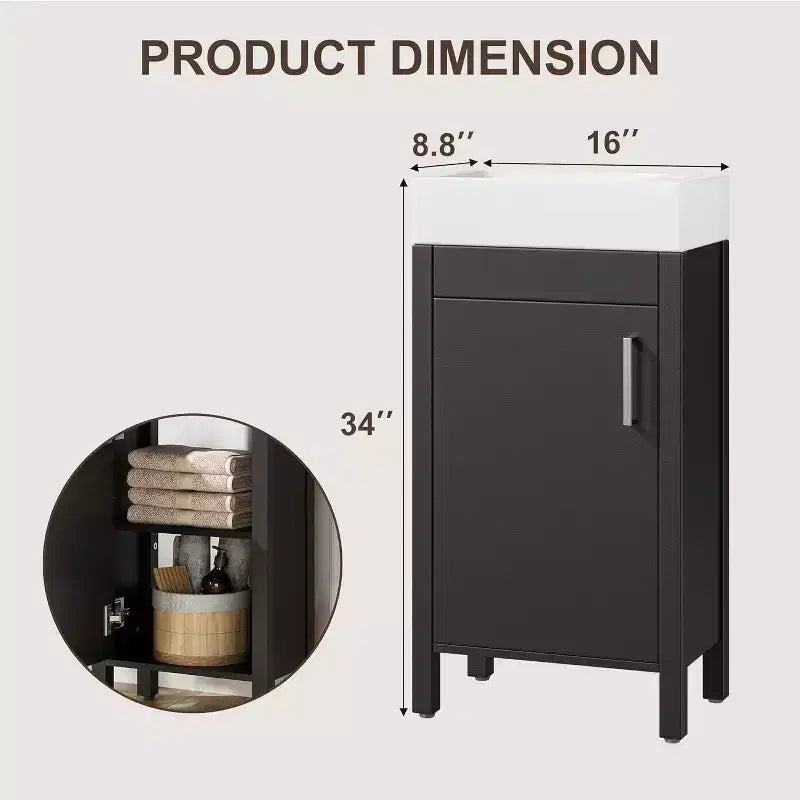 Meuble-lavabo 16 po avec lavabo et porte à fermeture amortie – Armoire de rangement compacte pour petite salle de bain ou salle d'eau