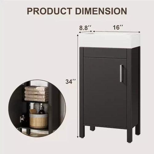 Meuble-lavabo 16 po avec lavabo et porte à fermeture amortie – Armoire de rangement compacte pour petite salle de bain ou salle d'eau