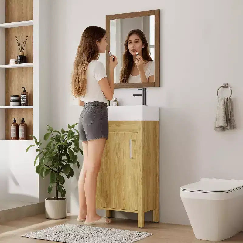 Meuble-lavabo 16 po avec lavabo et porte à fermeture amortie – Armoire de rangement compacte pour petite salle de bain ou salle d'eau
