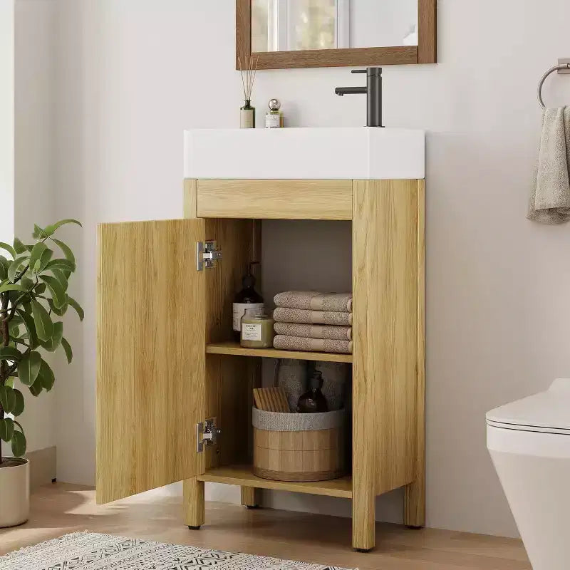 Meuble-lavabo 16 po avec lavabo et porte à fermeture amortie – Armoire de rangement compacte pour petite salle de bain ou salle d'eau