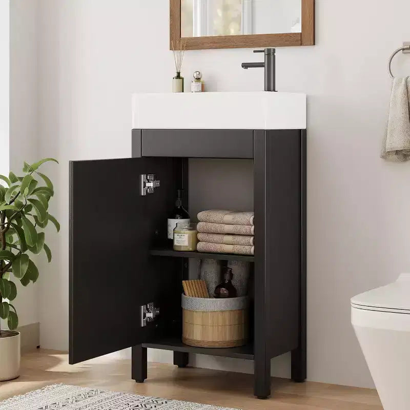 Meuble-lavabo 16 po avec lavabo et porte à fermeture amortie – Armoire de rangement compacte pour petite salle de bain ou salle d'eau