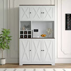 Armoire de rangement de cuisine blanche de 180 cm de haut avec station de recharge, meuble autoportant de style ferme avec support pour micro-ondes, tiroirs et espace de rangement pour bar à vin