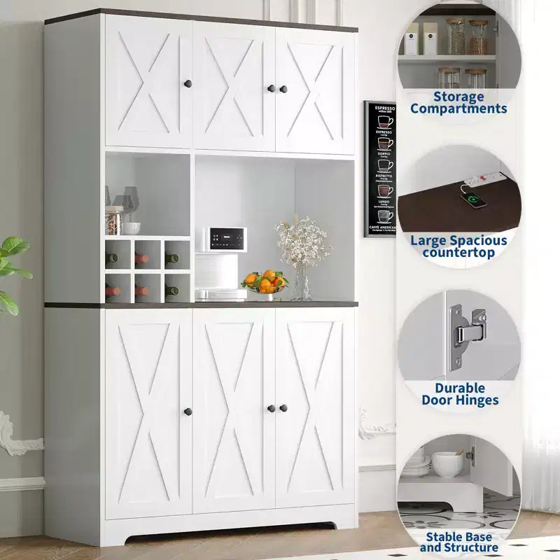 Armoire de rangement de cuisine blanche de 180 cm de haut avec station de recharge, meuble autoportant de style ferme avec support pour micro-ondes, tiroirs et espace de rangement pour bar à vin