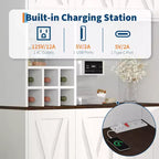 Armoire de rangement de cuisine blanche de 180 cm de haut avec station de recharge, meuble autoportant de style ferme avec support pour micro-ondes, tiroirs et espace de rangement pour bar à vin
