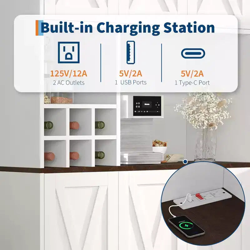 Armoire de rangement de cuisine blanche de 180 cm de haut avec station de recharge, meuble autoportant de style ferme avec support pour micro-ondes, tiroirs et espace de rangement pour bar à vin