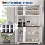 Armoire de rangement de cuisine blanche de 180 cm de haut avec station de recharge, meuble autoportant de style ferme avec support pour micro-ondes, tiroirs et espace de rangement pour bar à vin