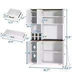 Armoire de rangement de cuisine blanche de 180 cm de haut avec station de recharge, meuble autoportant de style ferme avec support pour micro-ondes, tiroirs et espace de rangement pour bar à vin