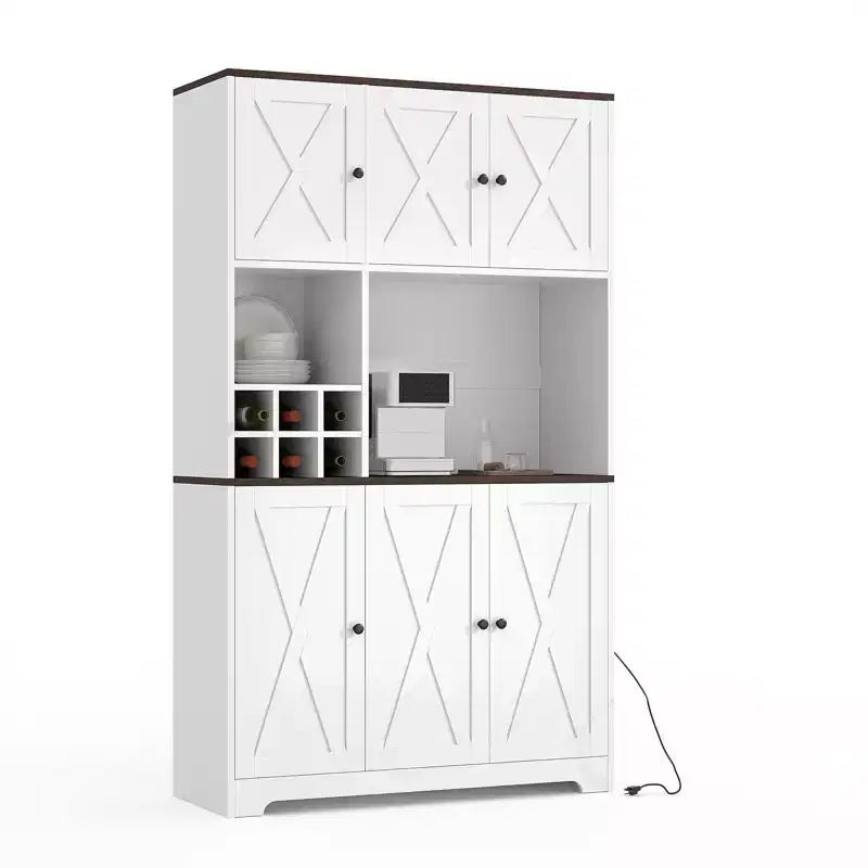 Armoire de rangement de cuisine blanche de 180 cm de haut avec station de recharge, meuble autoportant de style ferme avec support pour micro-ondes, tiroirs et espace de rangement pour bar à vin
