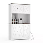 Armoire de rangement de cuisine blanche de 180 cm de haut avec station de recharge, meuble autoportant de style ferme avec support pour micro-ondes, tiroirs et espace de rangement pour bar à vin