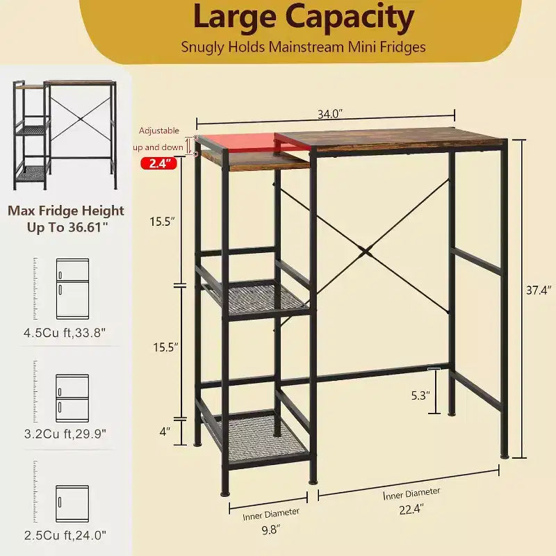 Meuble de support pour mini-réfrigérateur peu encombrant avec étagère réglable, chariot de rangement pour micro-ondes/bar à café, parfait pour les petits appartements et les dortoirs.