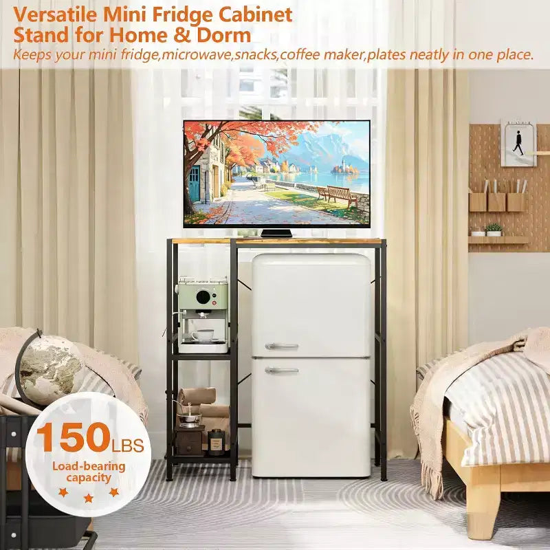 Meuble de support pour mini-réfrigérateur peu encombrant avec étagère réglable, chariot de rangement pour micro-ondes/bar à café, parfait pour les petits appartements et les dortoirs.