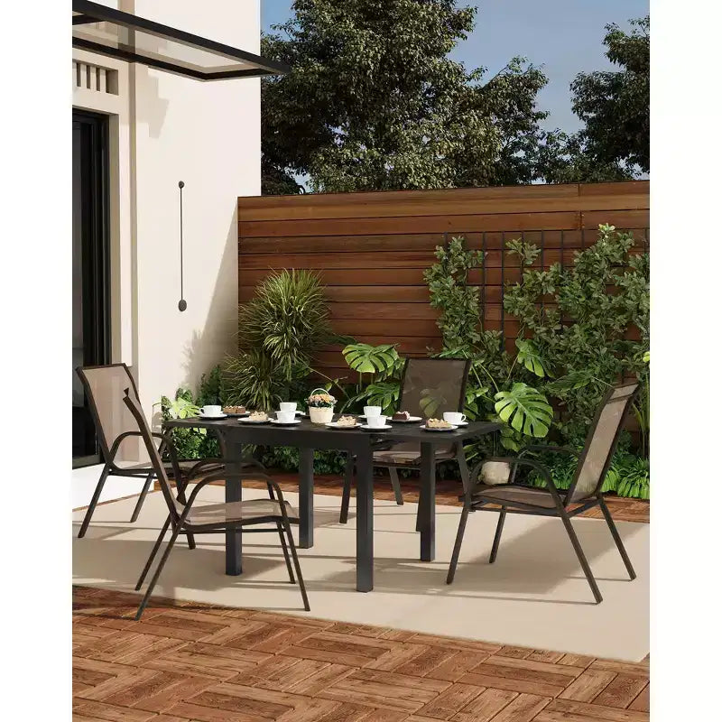 Lot de 4 chaises de salle à manger empilables d'extérieur, chaises de patio à dossier haut avec tissu Textilène, cadre en métal toutes saisons pour terrasse, pelouse, jardin, gris