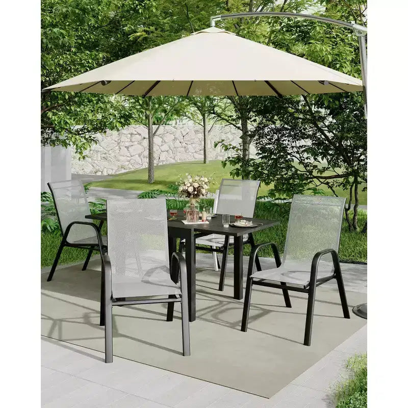 Lot de 4 chaises de salle à manger empilables d'extérieur, chaises de patio à dossier haut avec tissu Textilène, cadre en métal toutes saisons pour terrasse, pelouse, jardin, gris