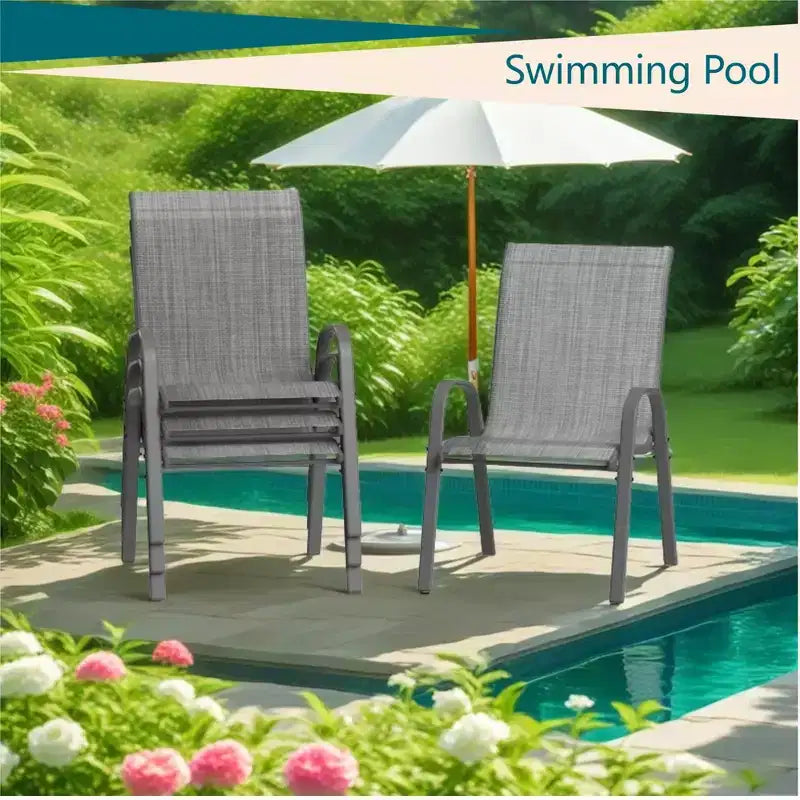 Lot de 4 chaises de salle à manger empilables d'extérieur, chaises de patio à dossier haut avec tissu Textilène, cadre en métal toutes saisons pour terrasse, pelouse, jardin, gris