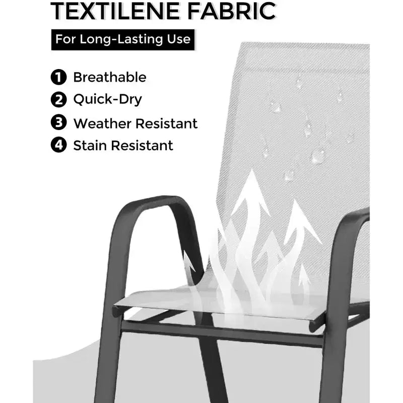 Lot de 4 chaises de salle à manger empilables d'extérieur, chaises de patio à dossier haut avec tissu Textilène, cadre en métal toutes saisons pour terrasse, pelouse, jardin, gris
