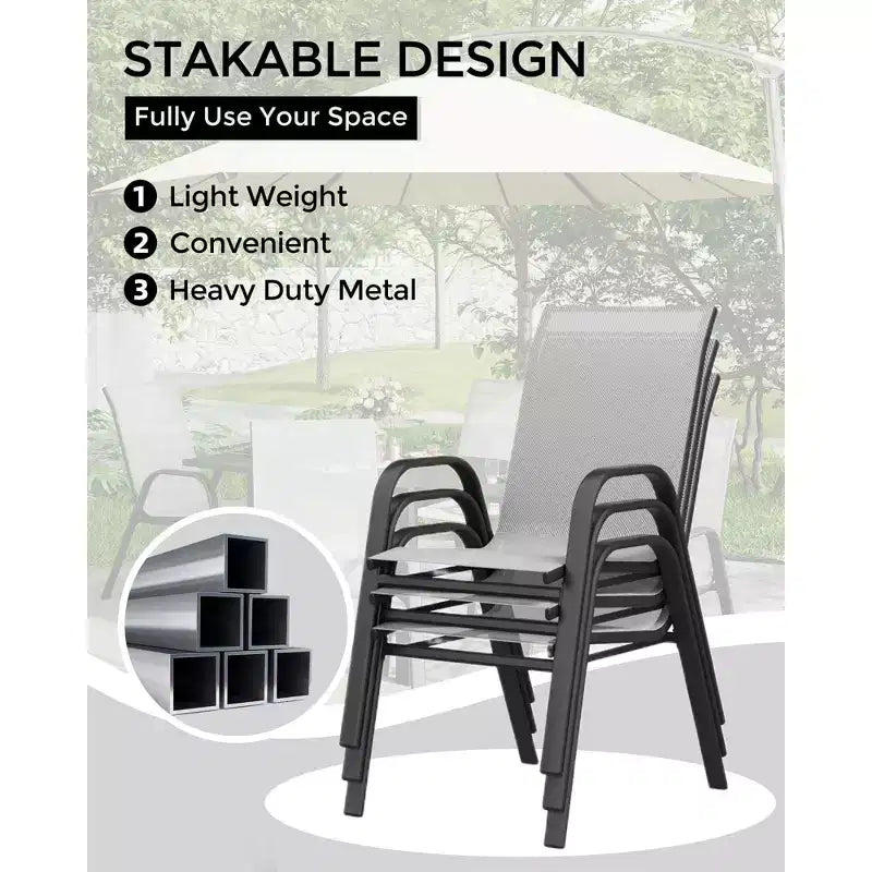 Lot de 4 chaises de salle à manger empilables d'extérieur, chaises de patio à dossier haut avec tissu Textilène, cadre en métal toutes saisons pour terrasse, pelouse, jardin, gris