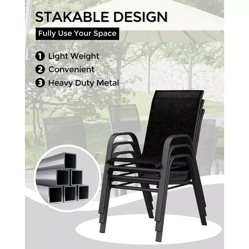 Lot de 4 chaises de salle à manger empilables d'extérieur, chaises de patio à dossier haut avec tissu Textilène, cadre en métal toutes saisons pour terrasse, pelouse, jardin, gris