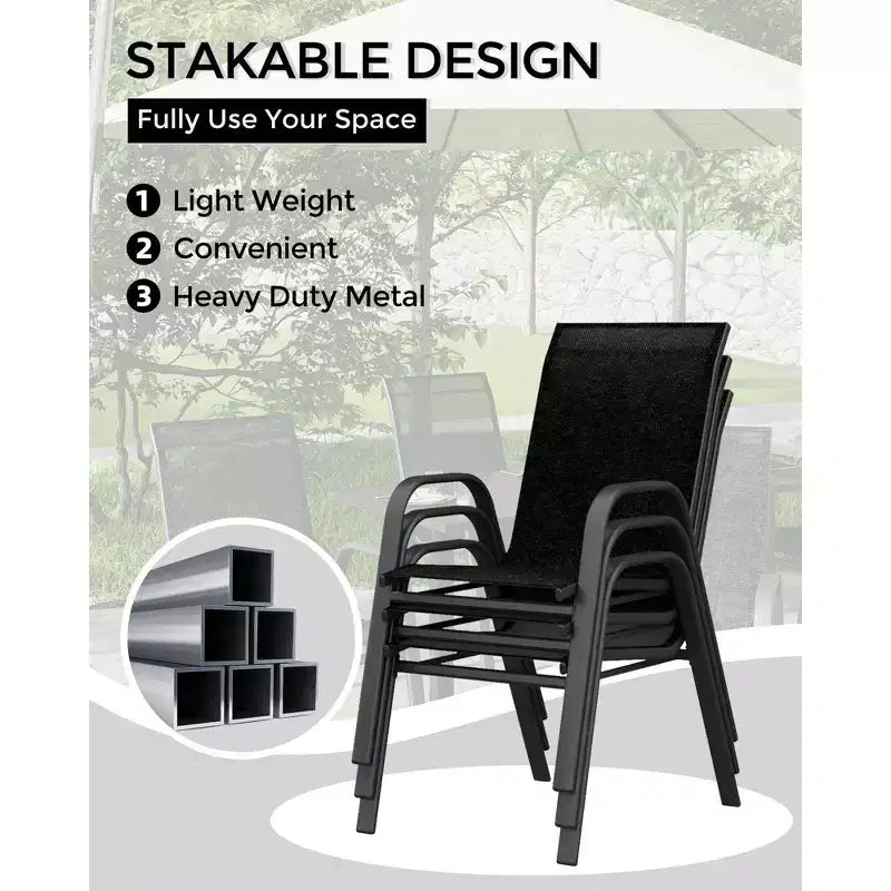 Lot de 4 chaises de salle à manger empilables d'extérieur, chaises de patio à dossier haut avec tissu Textilène, cadre en métal toutes saisons pour terrasse, pelouse, jardin, gris