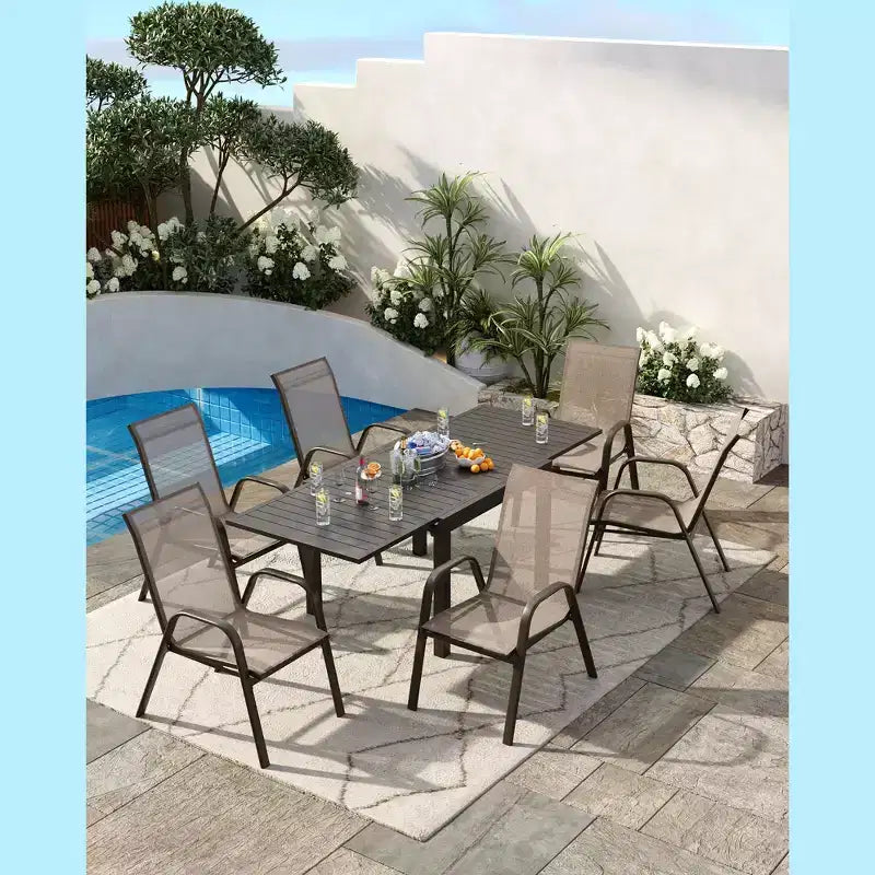 Lot de 4 chaises de salle à manger empilables d'extérieur, chaises de patio à dossier haut avec tissu Textilène, cadre en métal toutes saisons pour terrasse, pelouse, jardin, gris