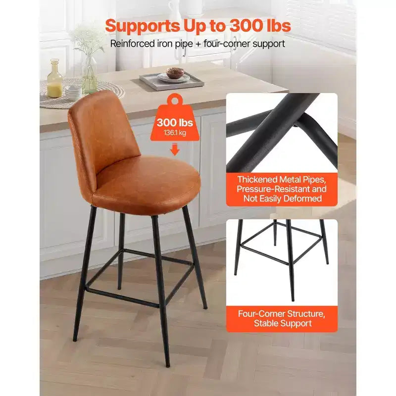 Lot de 2 tabourets de bar, tabourets pivotants hauteur comptoir 68,5 cm, tabourets de bar en cuir PU avec dossier et pieds en métal, marron