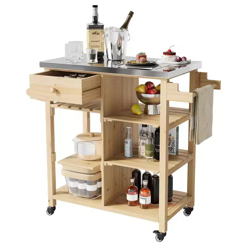 Outdoor Grill Cart for Patio, Garden  Sturdy Wood Frame, Stainless Steel Top, Storage Drawer, Open Shelves, Rolling Kitchen Island with Towel Racks