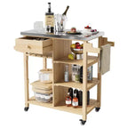 Outdoor Grill Cart for Patio, Garden  Sturdy Wood Frame, Stainless Steel Top, Storage Drawer, Open Shelves, Rolling Kitchen Island with Towel Racks