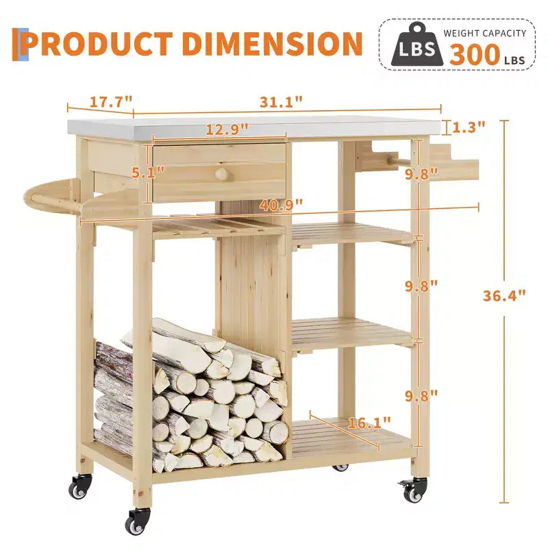Chariot de cuisine d'extérieur pour terrasse, jardin – Structure en bois robuste, plateau en acier inoxydable, tiroir de rangement, étagères ouvertes, îlot de cuisine roulant avec porte-serviettes