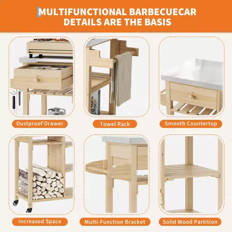 Chariot de cuisine d'extérieur pour terrasse, jardin – Structure en bois robuste, plateau en acier inoxydable, tiroir de rangement, étagères ouvertes, îlot de cuisine roulant avec porte-serviettes