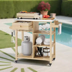 Chariot de cuisine d'extérieur pour terrasse, jardin – Structure en bois robuste, plateau en acier inoxydable, tiroir de rangement, étagères ouvertes, îlot de cuisine roulant avec porte-serviettes