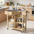 Chariot de cuisine d'extérieur pour terrasse, jardin – Structure en bois robuste, plateau en acier inoxydable, tiroir de rangement, étagères ouvertes, îlot de cuisine roulant avec porte-serviettes