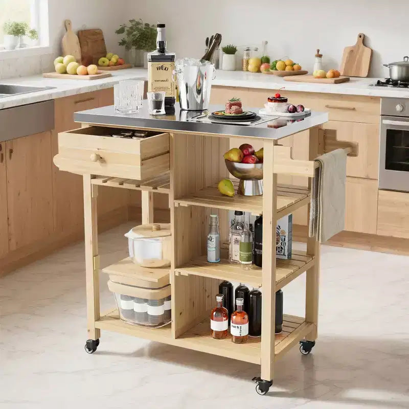 Chariot de cuisine d'extérieur pour terrasse, jardin – Structure en bois robuste, plateau en acier inoxydable, tiroir de rangement, étagères ouvertes, îlot de cuisine roulant avec porte-serviettes