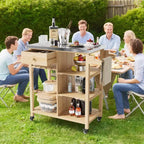 Chariot de cuisine d'extérieur pour terrasse, jardin – Structure en bois robuste, plateau en acier inoxydable, tiroir de rangement, étagères ouvertes, îlot de cuisine roulant avec porte-serviettes