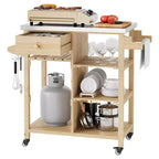 Chariot de cuisine d'extérieur pour terrasse, jardin – Structure en bois robuste, plateau en acier inoxydable, tiroir de rangement, étagères ouvertes, îlot de cuisine roulant avec porte-serviettes