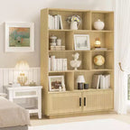Étagère en rotin à 5 niveaux avec armoire de rangement et porte, bibliothèque industrielle haute avec rangement, bibliothèque à 5 étagères pour salon, chambre à coucher