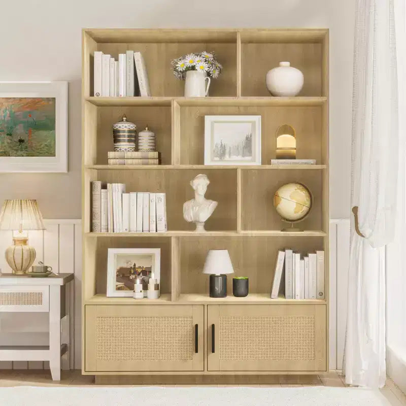 Étagère en rotin à 5 niveaux avec armoire de rangement et porte, bibliothèque industrielle haute avec rangement, bibliothèque à 5 étagères pour salon, chambre à coucher