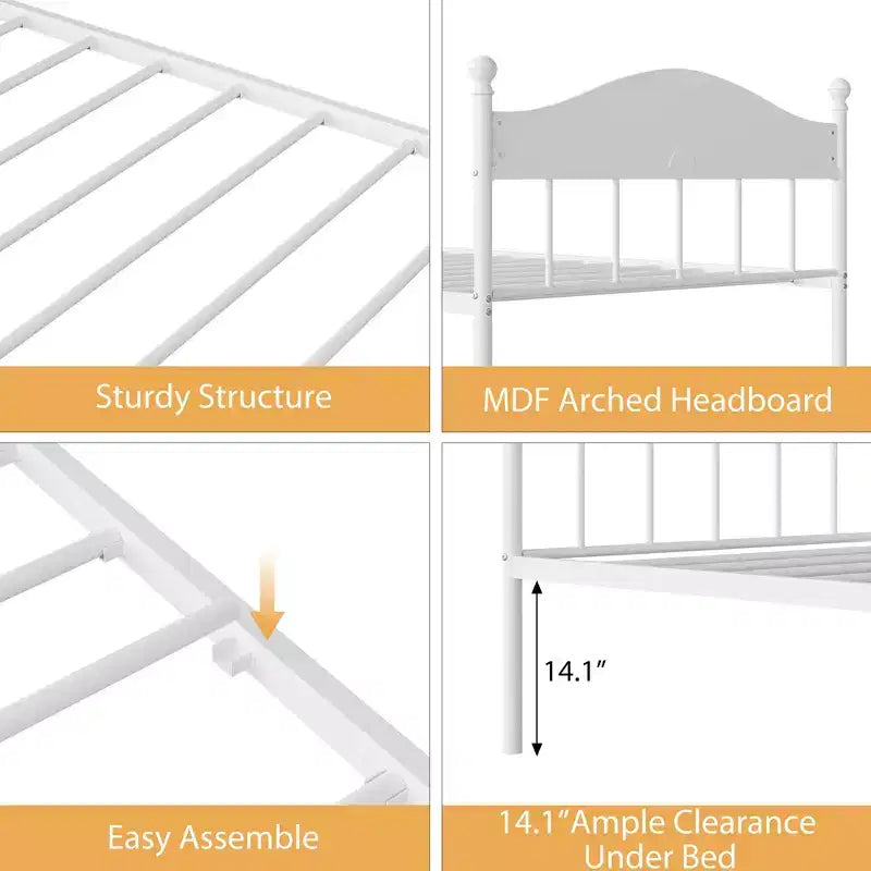 Lit de repos double, lit de repos en métal avec tête de lit élégante, espace de rangement sous le lit, plateforme à lattes en acier robuste pour salon, chambre à coucher et chambre d'amis