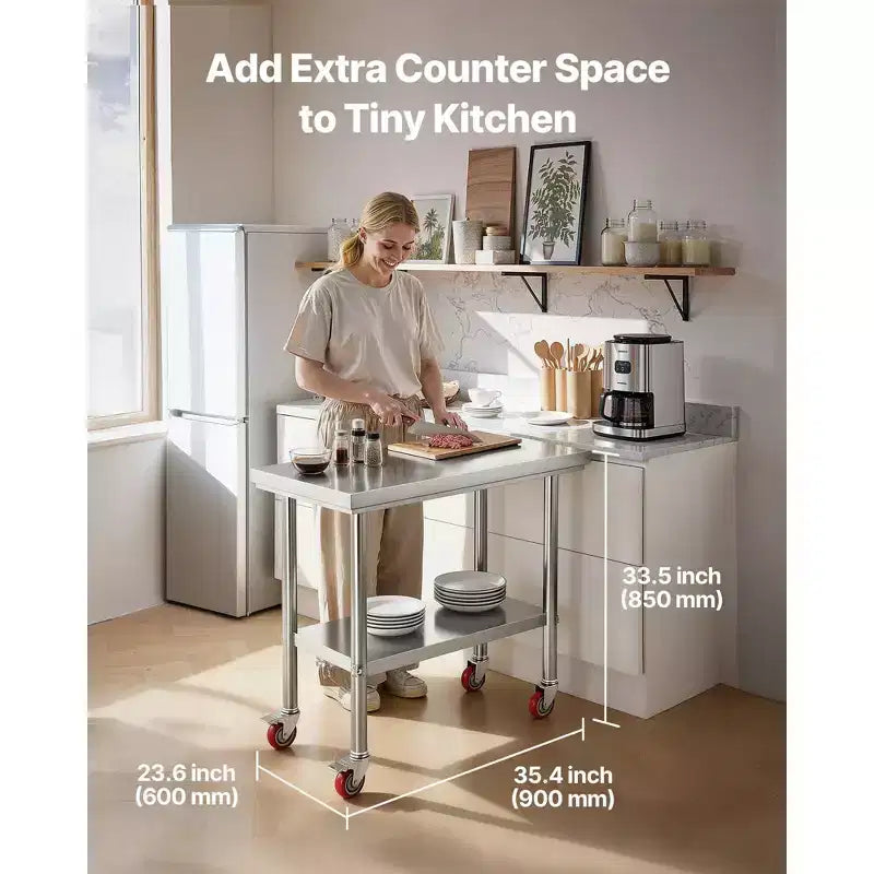 Table de préparation de cuisine en acier inoxydable 24 x 35 avec roulettes et étagère inférieure réglable