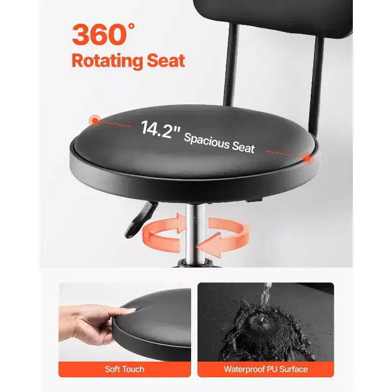 Tabouret d'atelier réglable avec dossier Siège de travail de garage à hauteur pneumatique Capacité de 136 kg