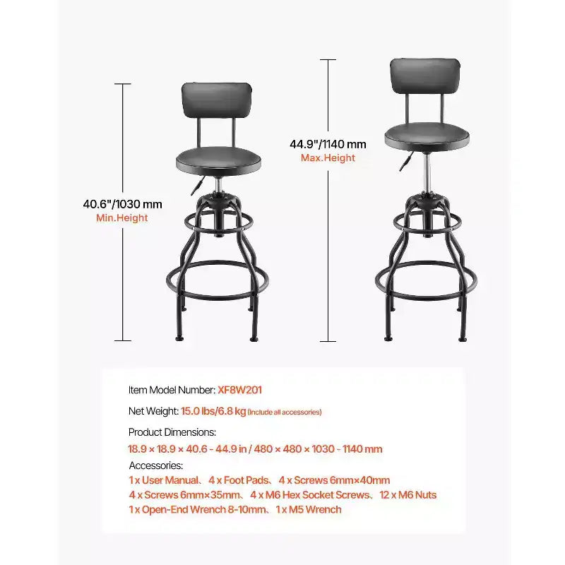 Tabouret d'atelier réglable avec dossier Siège de travail de garage à hauteur pneumatique Capacité de 136 kg